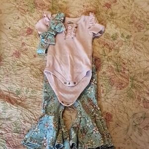 Pink Floral Baby Girl Outfit Hippie Pants 9 Month Baby Essentials Bow Headband